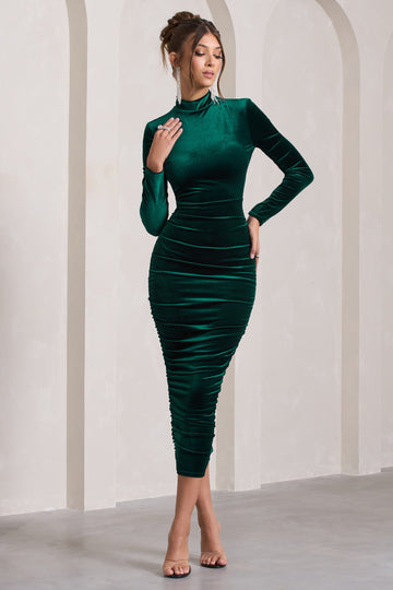 Joanna Bottle Green Velvet High-Neck Backless Midi Dress